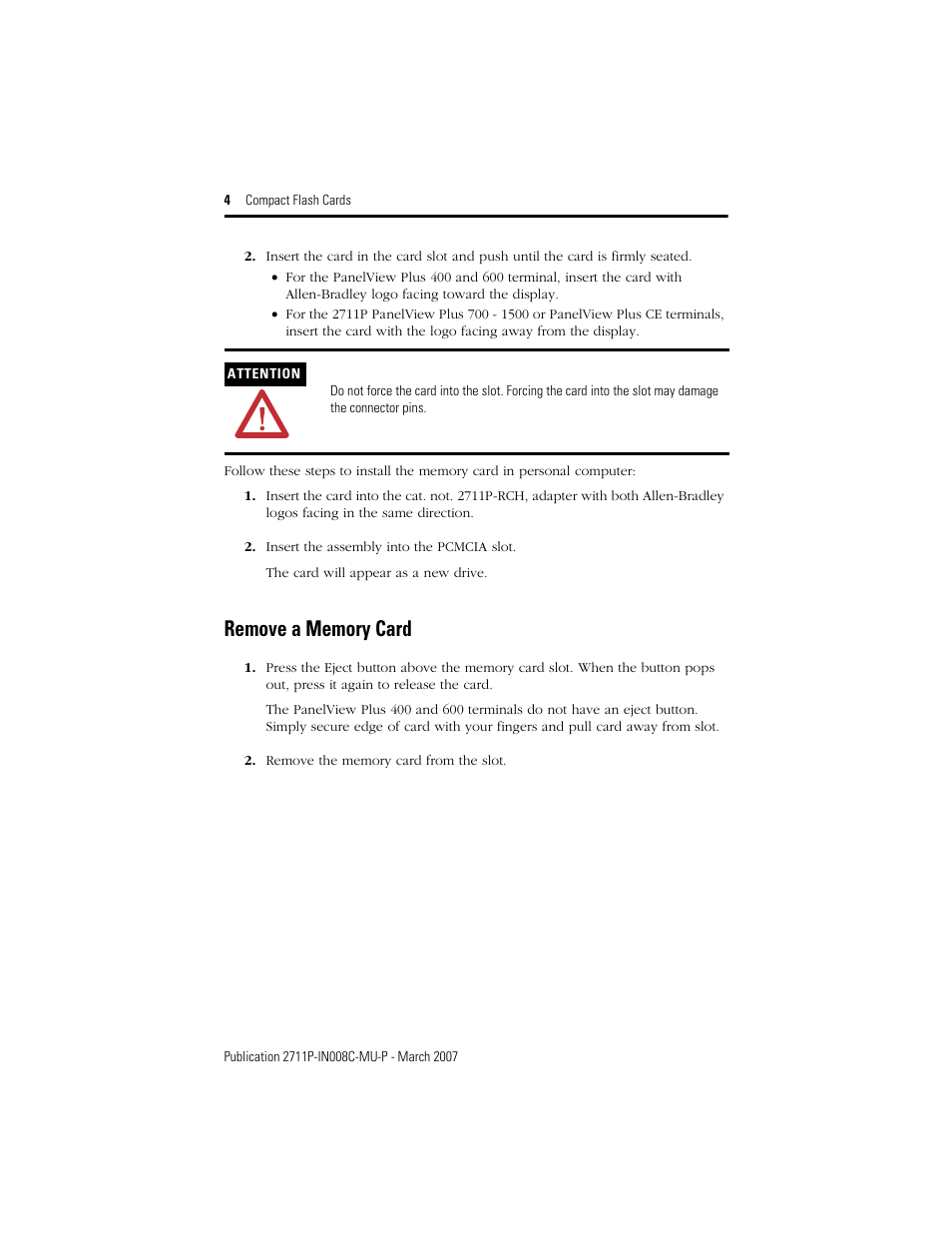 Rockwell Automation 2711P-RCH Compact Flash Cards User Manual | Page 4 / 16