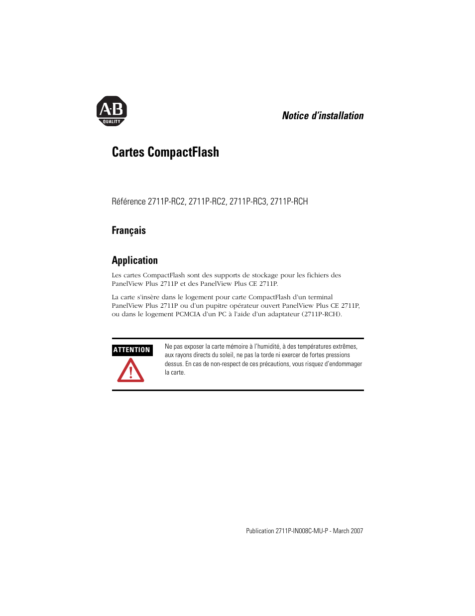 Français, Application, Cartes compactflash | Rockwell Automation 2711P-RCH Compact Flash Cards User Manual | Page 5 / 16