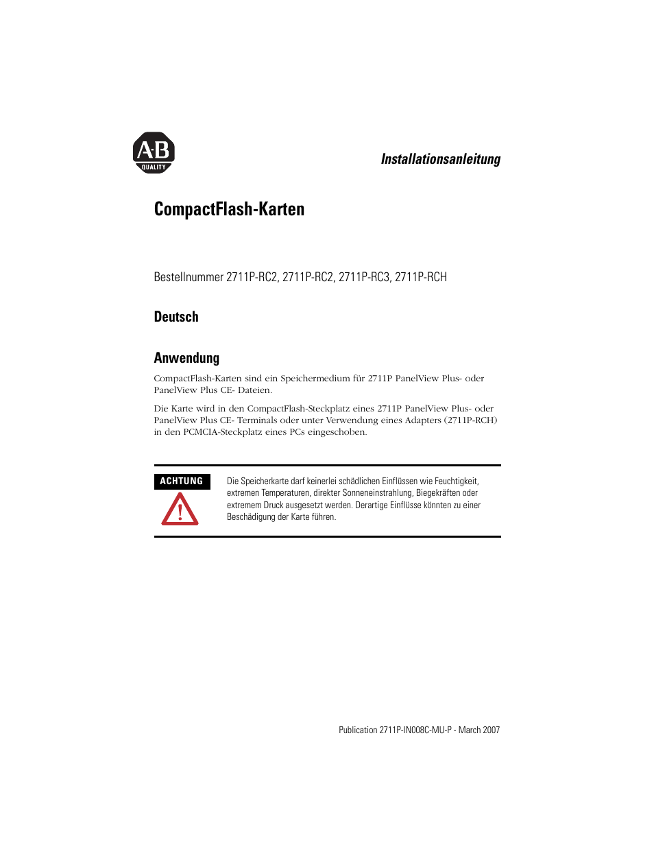 Deutsch, Anwendung, Compactflash-karten | Rockwell Automation 2711P-RCH Compact Flash Cards User Manual | Page 7 / 16