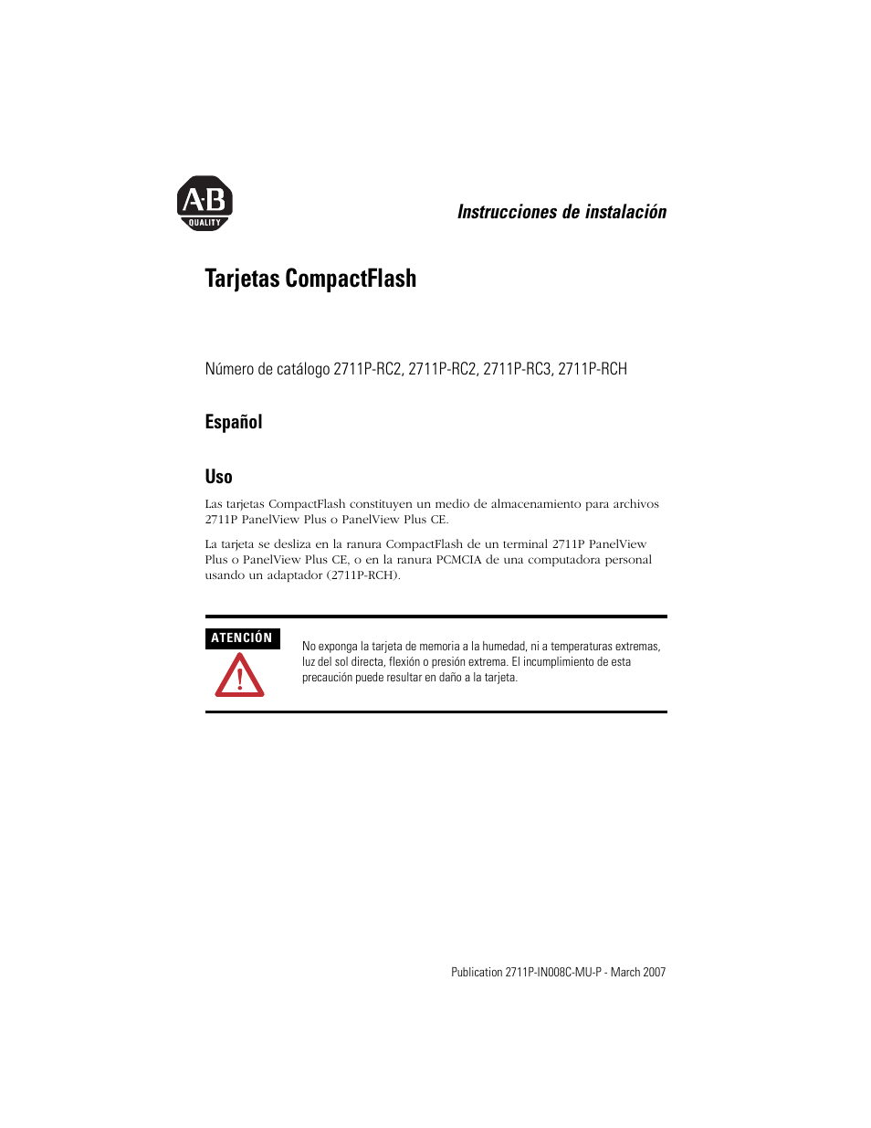Español, Tarjetas compactflash | Rockwell Automation 2711P-RCH Compact Flash Cards User Manual | Page 9 / 16