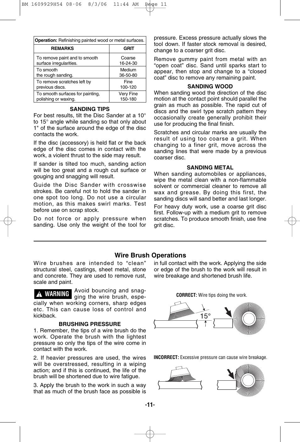 Wire brush operations, Warning | Bosch 1894-6 User Manual | Page 11 / 36