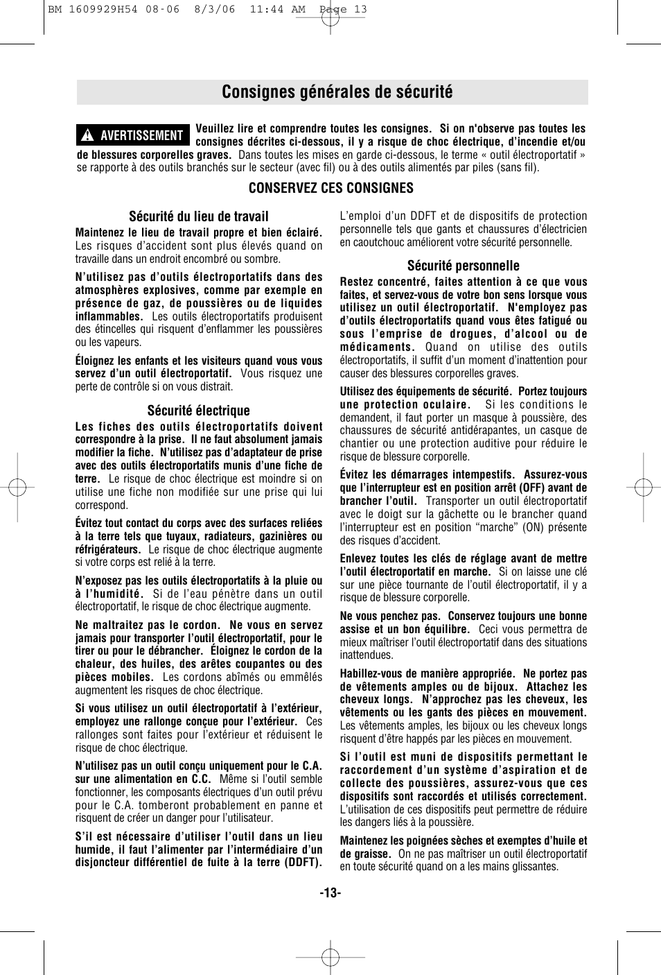 Consignes générales de sécurité | Bosch 1894-6 User Manual | Page 13 / 36