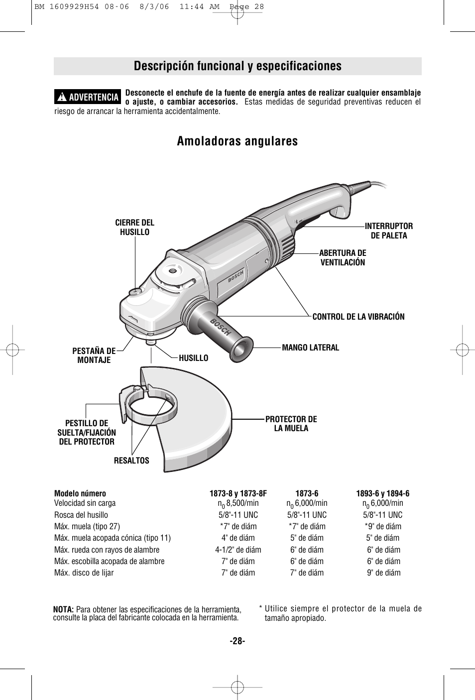 Descripción funcional y especificaciones, Amoladoras angulares | Bosch 1894-6 User Manual | Page 28 / 36
