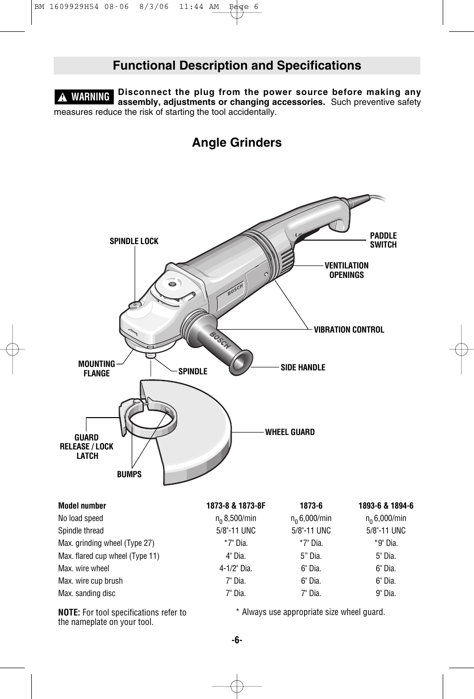 Functional description and specifications, Angle grinders, Warning | Bosch 1894-6 User Manual | Page 6 / 36