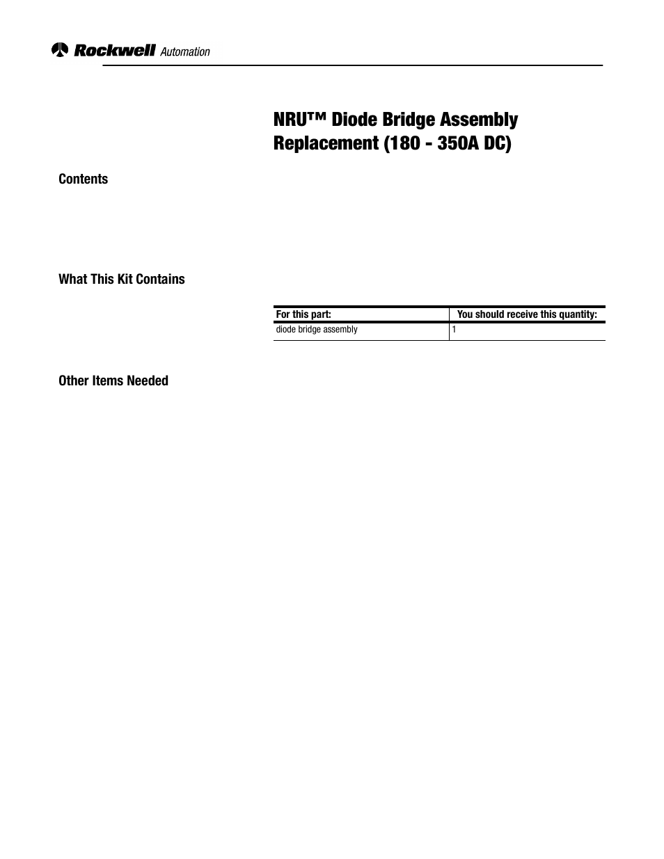 Rockwell Automation 2364,2364E NRU Diode Bridge Assembly Replacement (180 - 350A DC) User Manual | 8 pages