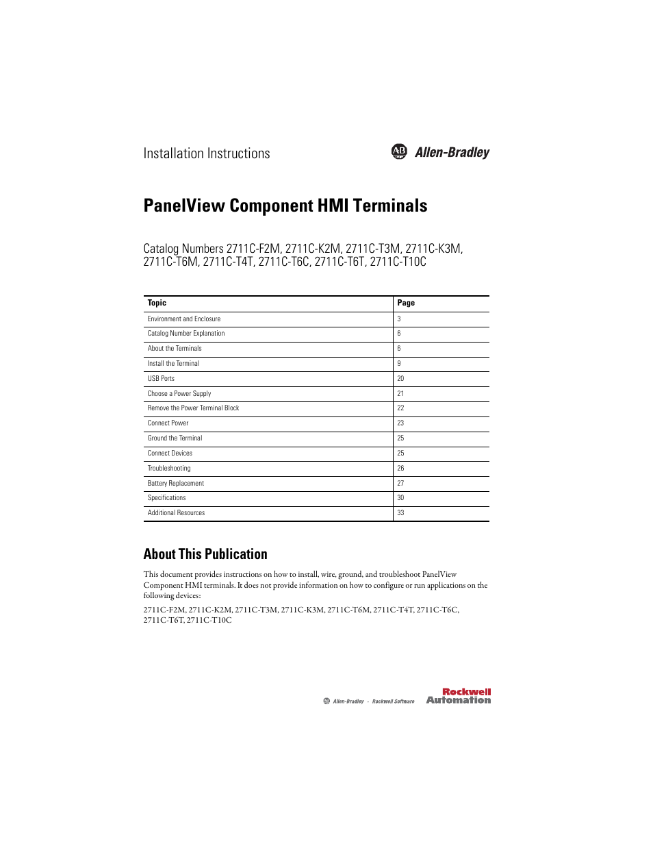 Rockwell Automation 2711C-xxxx PanelView Component HMI Terminals Installation Instructions User Manual | 36 pages