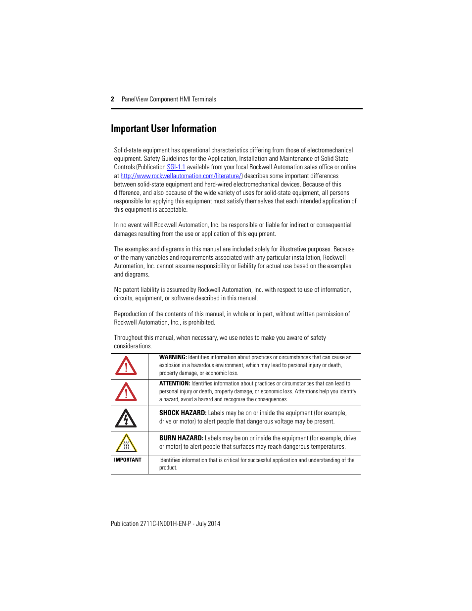 Important user information | Rockwell Automation 2711C-xxxx PanelView Component HMI Terminals Installation Instructions User Manual | Page 2 / 36