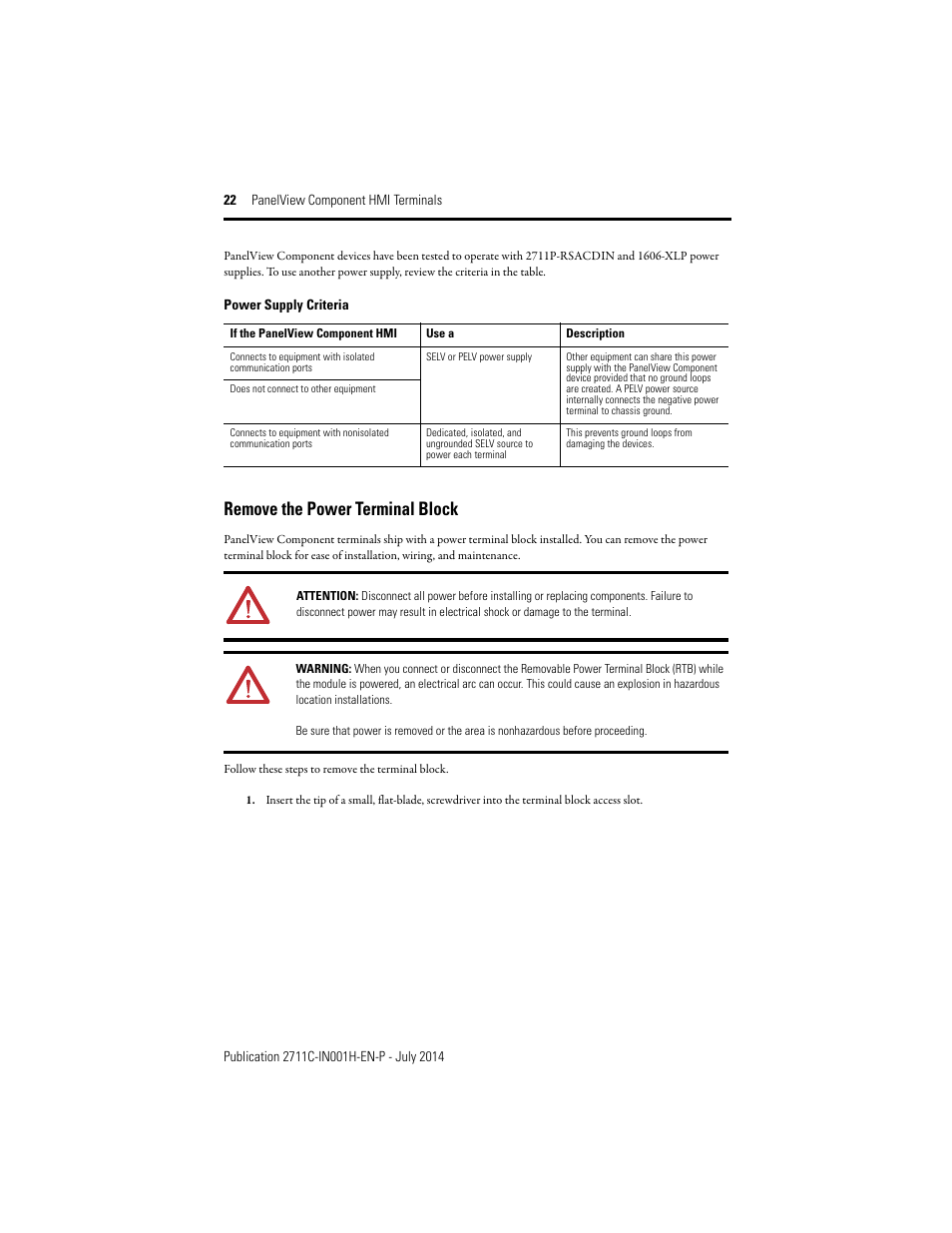 Remove the power terminal block | Rockwell Automation 2711C-xxxx PanelView Component HMI Terminals Installation Instructions User Manual | Page 22 / 36