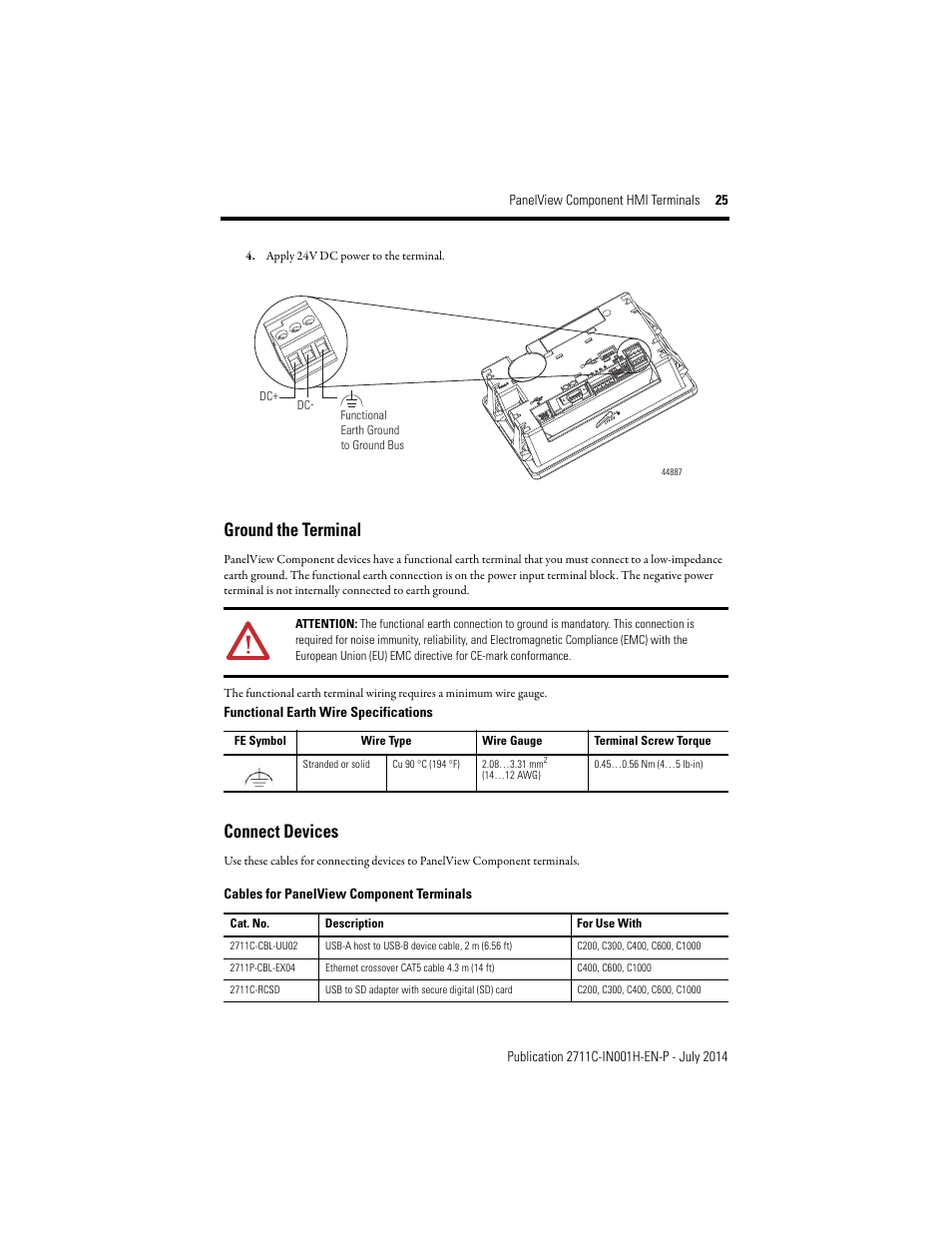 Ground the terminal, Connect devices | Rockwell Automation 2711C-xxxx PanelView Component HMI Terminals Installation Instructions User Manual | Page 25 / 36