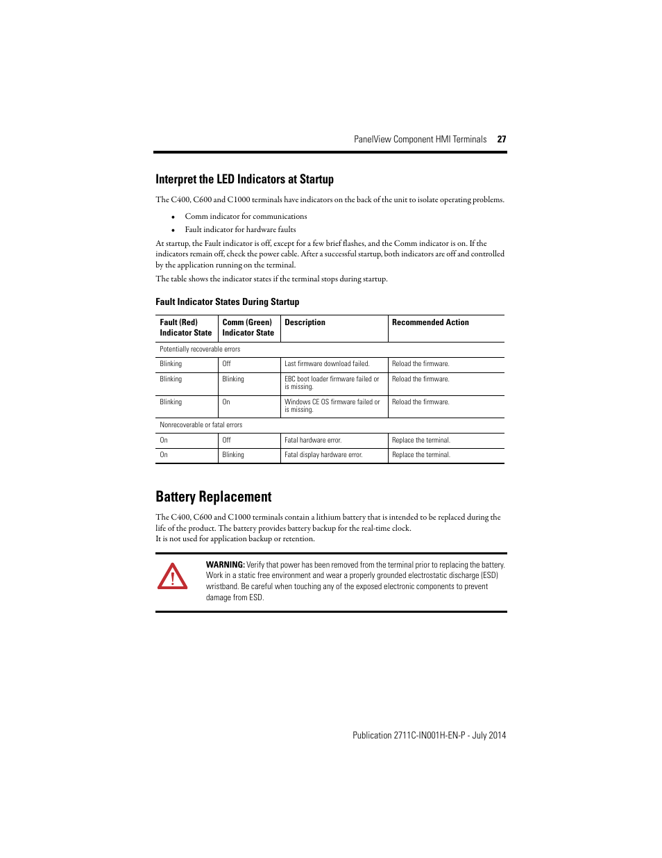 Interpret the led indicators at startup, Battery replacement | Rockwell Automation 2711C-xxxx PanelView Component HMI Terminals Installation Instructions User Manual | Page 27 / 36