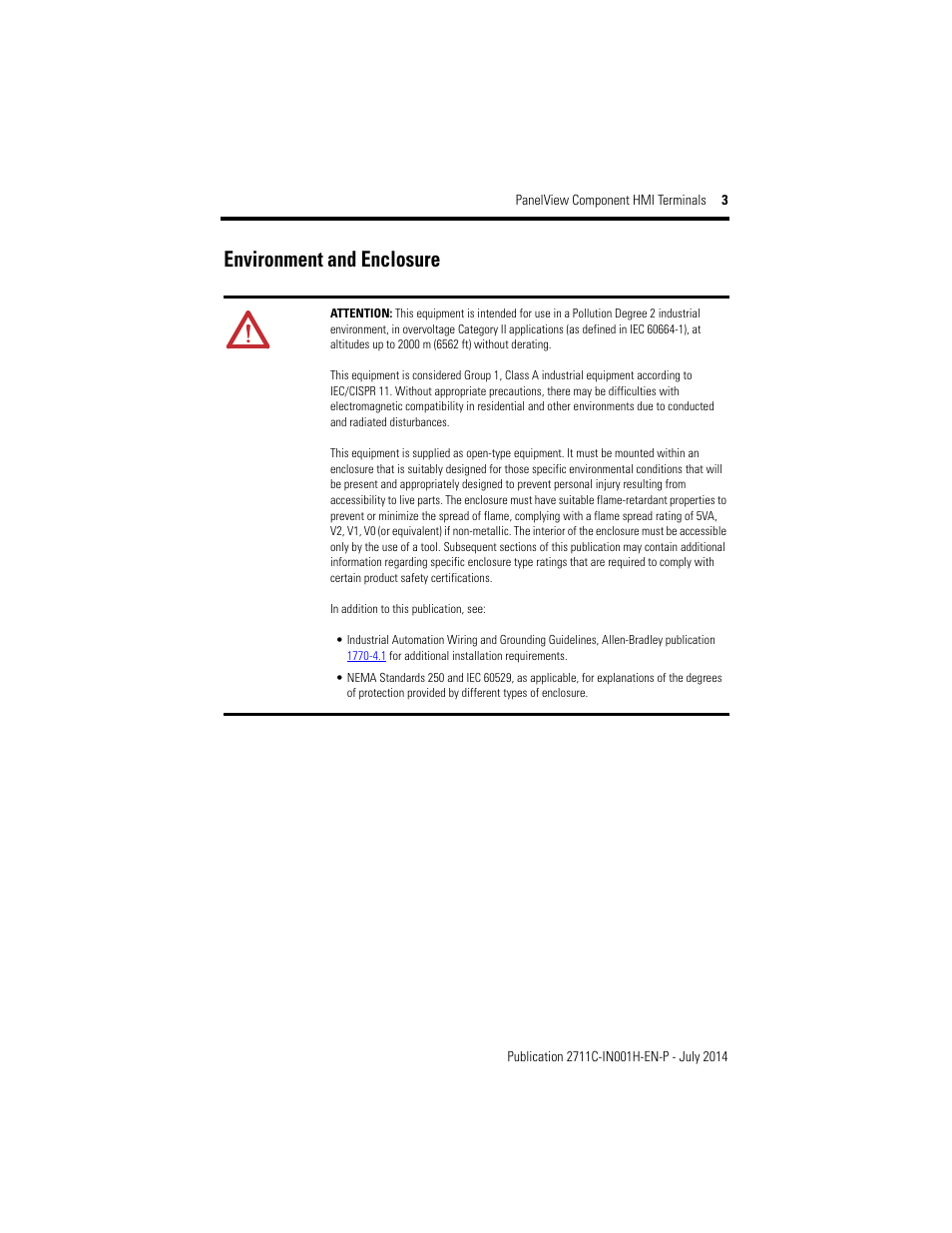 Environment and enclosure | Rockwell Automation 2711C-xxxx PanelView Component HMI Terminals Installation Instructions User Manual | Page 3 / 36