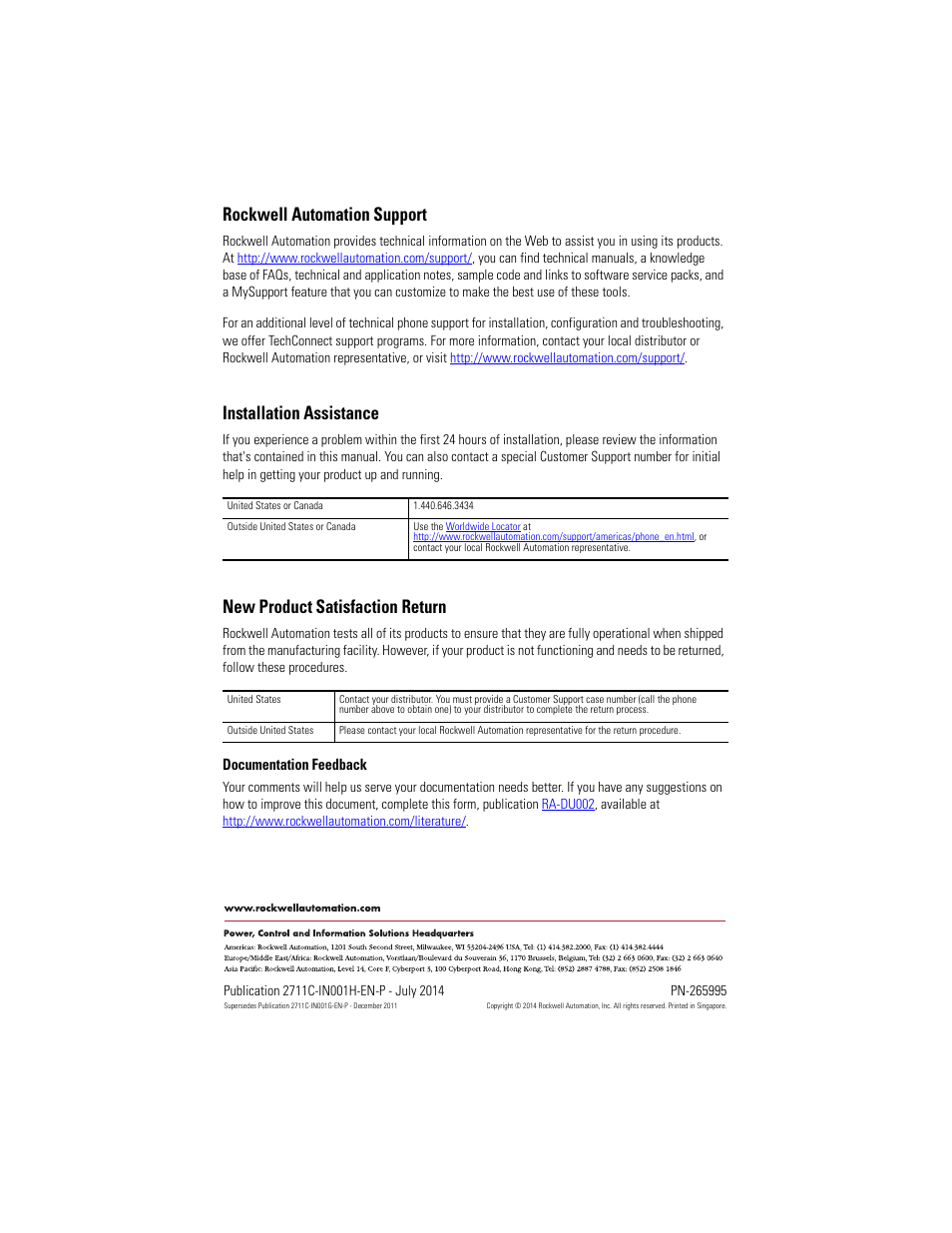 Back cover, Rockwell automation support, Installation assistance | New product satisfaction return | Rockwell Automation 2711C-xxxx PanelView Component HMI Terminals Installation Instructions User Manual | Page 36 / 36