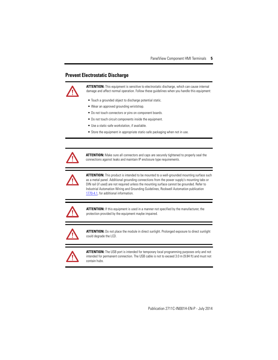 Prevent electrostatic discharge | Rockwell Automation 2711C-xxxx PanelView Component HMI Terminals Installation Instructions User Manual | Page 5 / 36