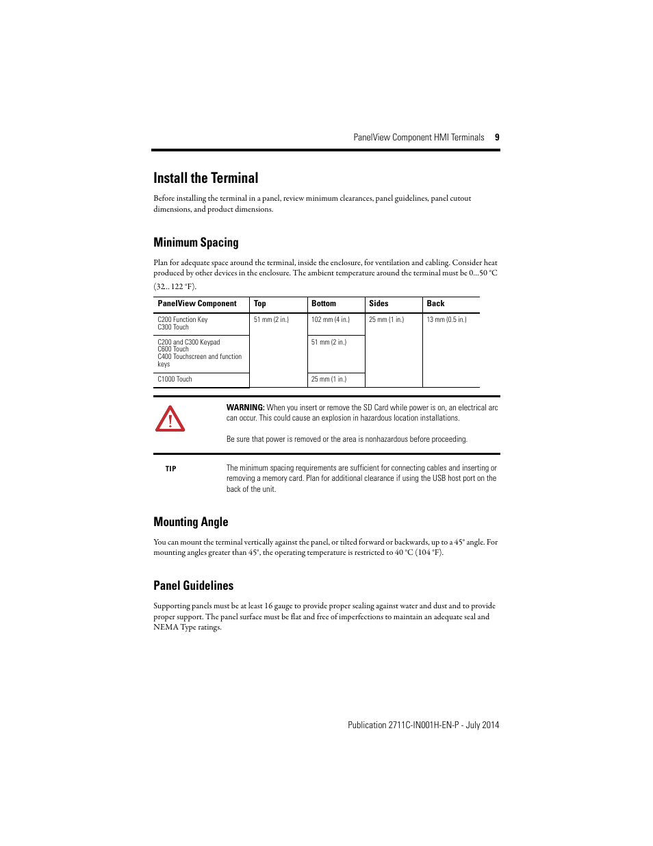 Install the terminal, Minimum spacing, Mounting angle | Panel guidelines | Rockwell Automation 2711C-xxxx PanelView Component HMI Terminals Installation Instructions User Manual | Page 9 / 36