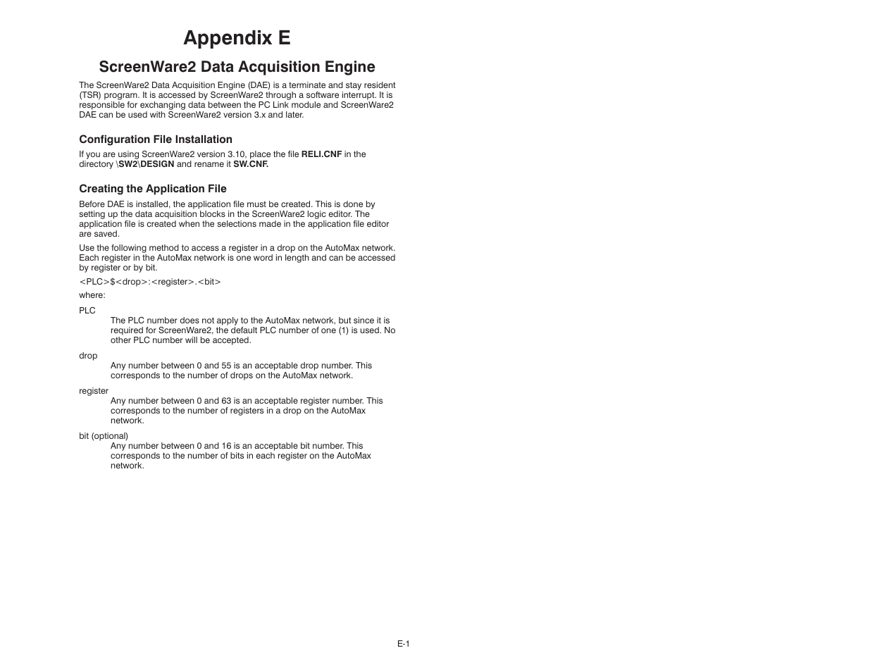 E screenware2 data acquisition engine, Appendix e, Screenware2 data acquisition engine | Rockwell Automation 57C445 AutoMax PC Link Interface Module User Manual | Page 49 / 52