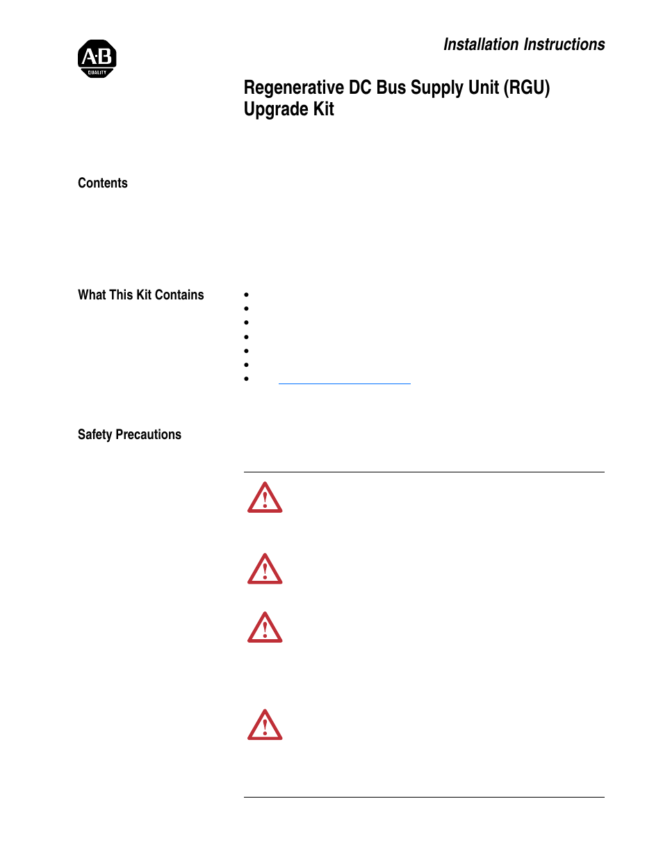 Rockwell Automation 2364, 2364F Regenerative DC Bus Supply Unit (RGU) Upgrade Kit User Manual | 10 pages