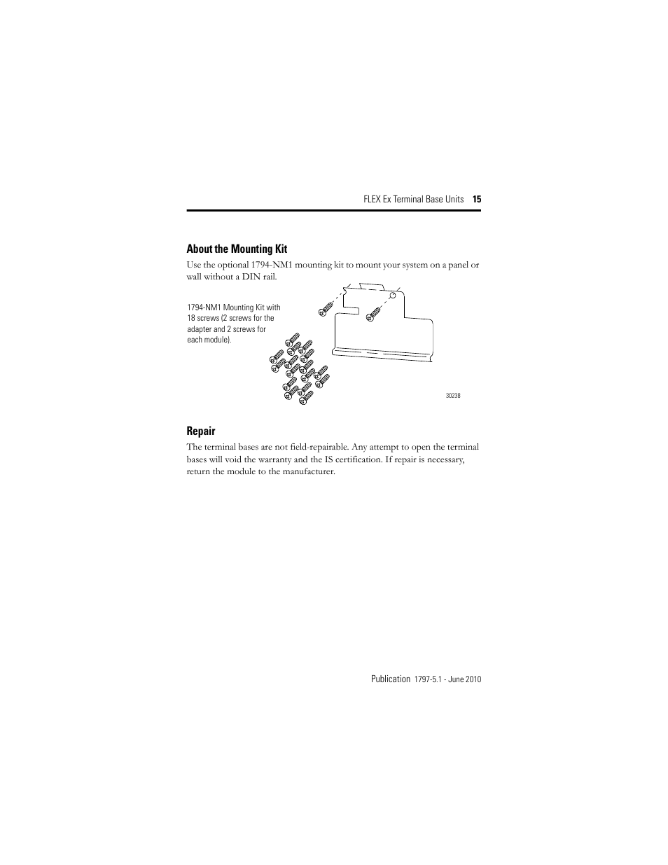 About the mounting kit, Repair | Rockwell Automation 1797-TB3S FLEX Ex Terminal Base User Manual | Page 15 / 20
