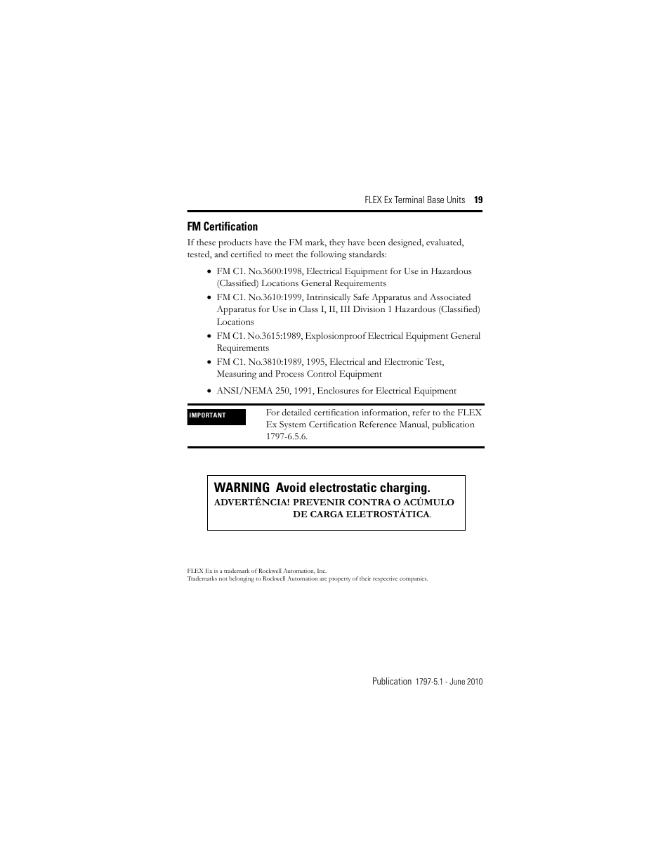 Fm certification, Warning avoid electrostatic charging | Rockwell Automation 1797-TB3S FLEX Ex Terminal Base User Manual | Page 19 / 20