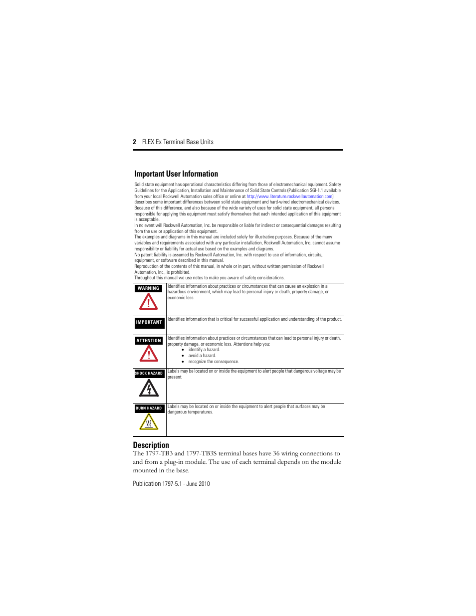 Important user information, Description | Rockwell Automation 1797-TB3S FLEX Ex Terminal Base User Manual | Page 2 / 20
