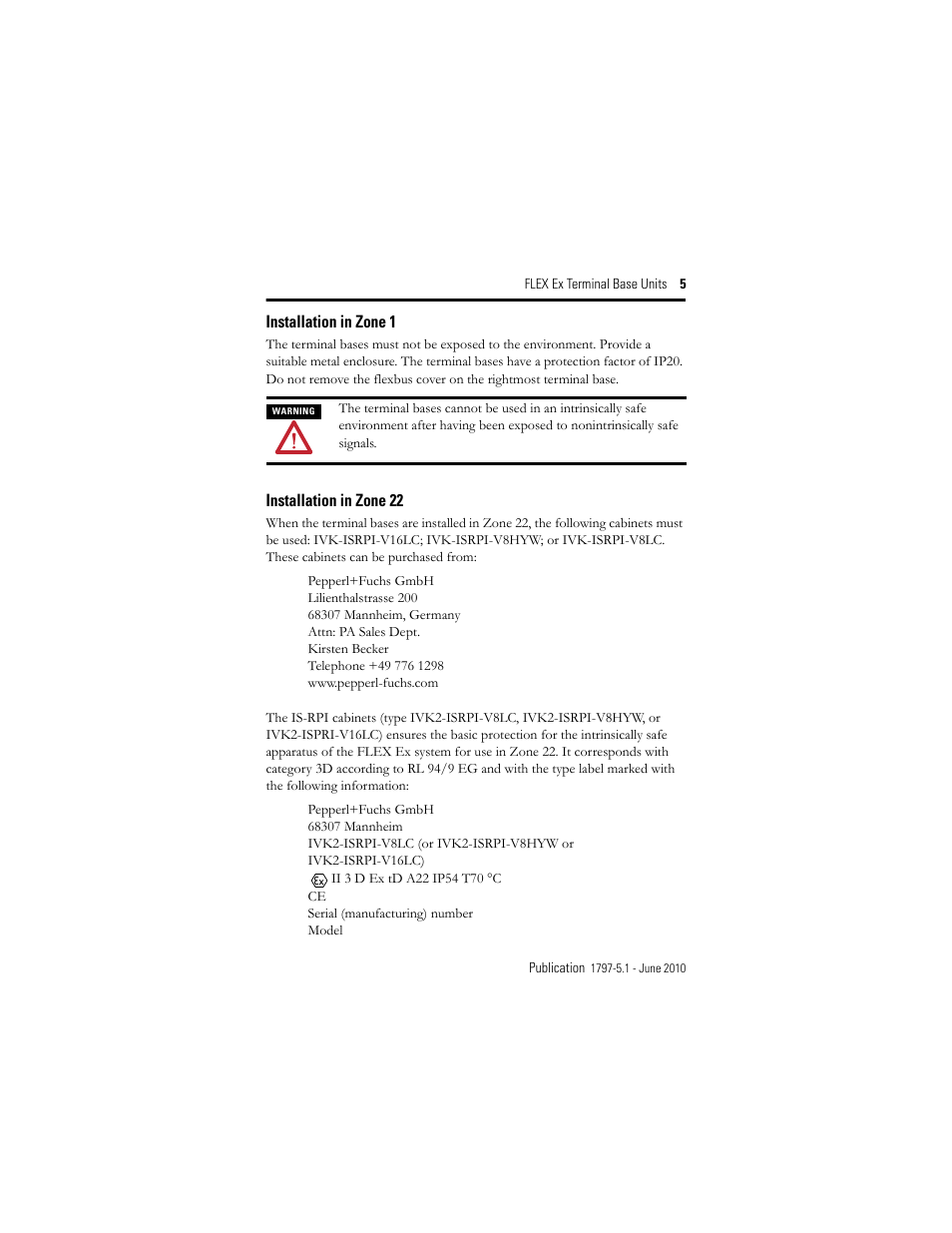 Installation in zone 1, Installation in zone 22 | Rockwell Automation 1797-TB3S FLEX Ex Terminal Base User Manual | Page 5 / 20