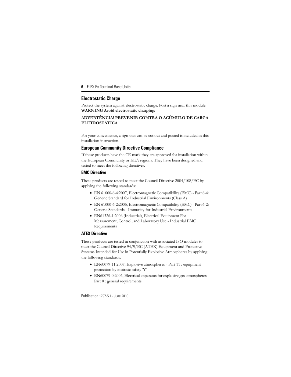Electrostatic charge, European community directive compliance | Rockwell Automation 1797-TB3S FLEX Ex Terminal Base User Manual | Page 6 / 20