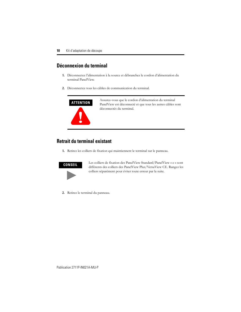 Déconnexion du terminal, Retrait du terminal existant | Rockwell Automation 2711P-RAK6 Cutout Adapter Kit for PVPlus 600 Keypad or Keypad Touch Terminals User Manual | Page 10 / 40