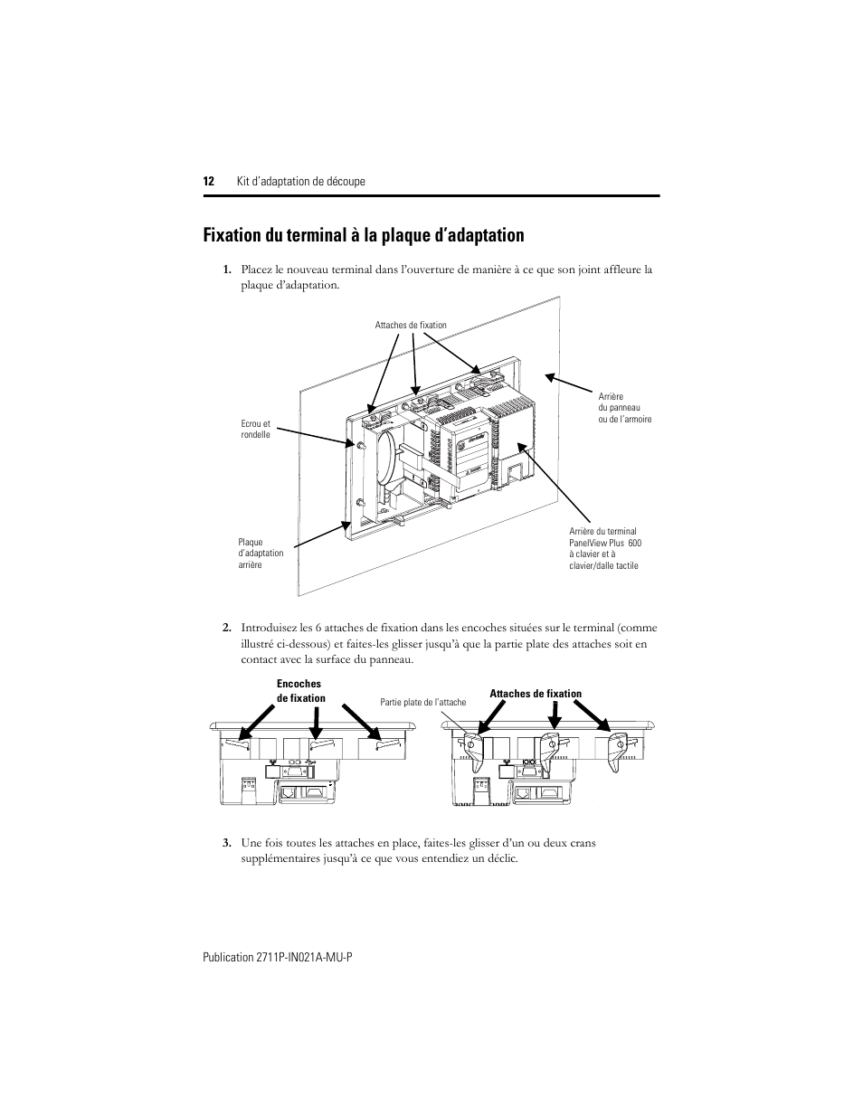 Fixation du terminal à la plaque d’adaptation | Rockwell Automation 2711P-RAK6 Cutout Adapter Kit for PVPlus 600 Keypad or Keypad Touch Terminals User Manual | Page 12 / 40