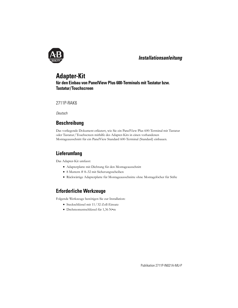 Deutsch, Beschreibung, Lieferumfang | Erforderliche werkzeuge, Adapter-kit | Rockwell Automation 2711P-RAK6 Cutout Adapter Kit for PVPlus 600 Keypad or Keypad Touch Terminals User Manual | Page 15 / 40