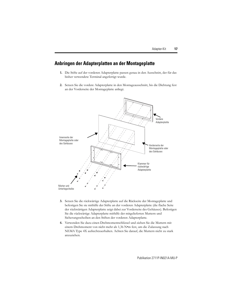 Anbringen der adapterplatten an der montageplatte | Rockwell Automation 2711P-RAK6 Cutout Adapter Kit for PVPlus 600 Keypad or Keypad Touch Terminals User Manual | Page 17 / 40