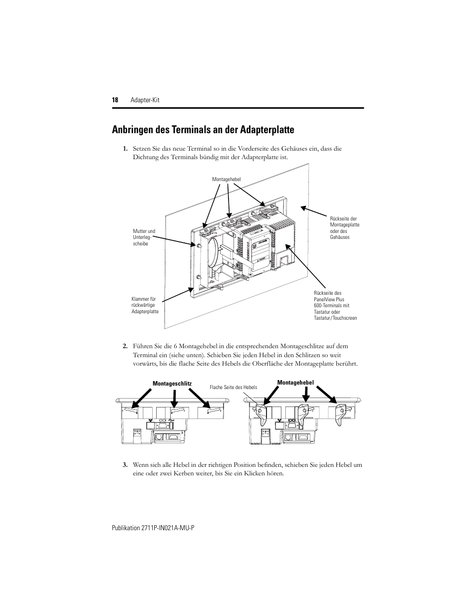 Anbringen des terminals an der adapterplatte | Rockwell Automation 2711P-RAK6 Cutout Adapter Kit for PVPlus 600 Keypad or Keypad Touch Terminals User Manual | Page 18 / 40