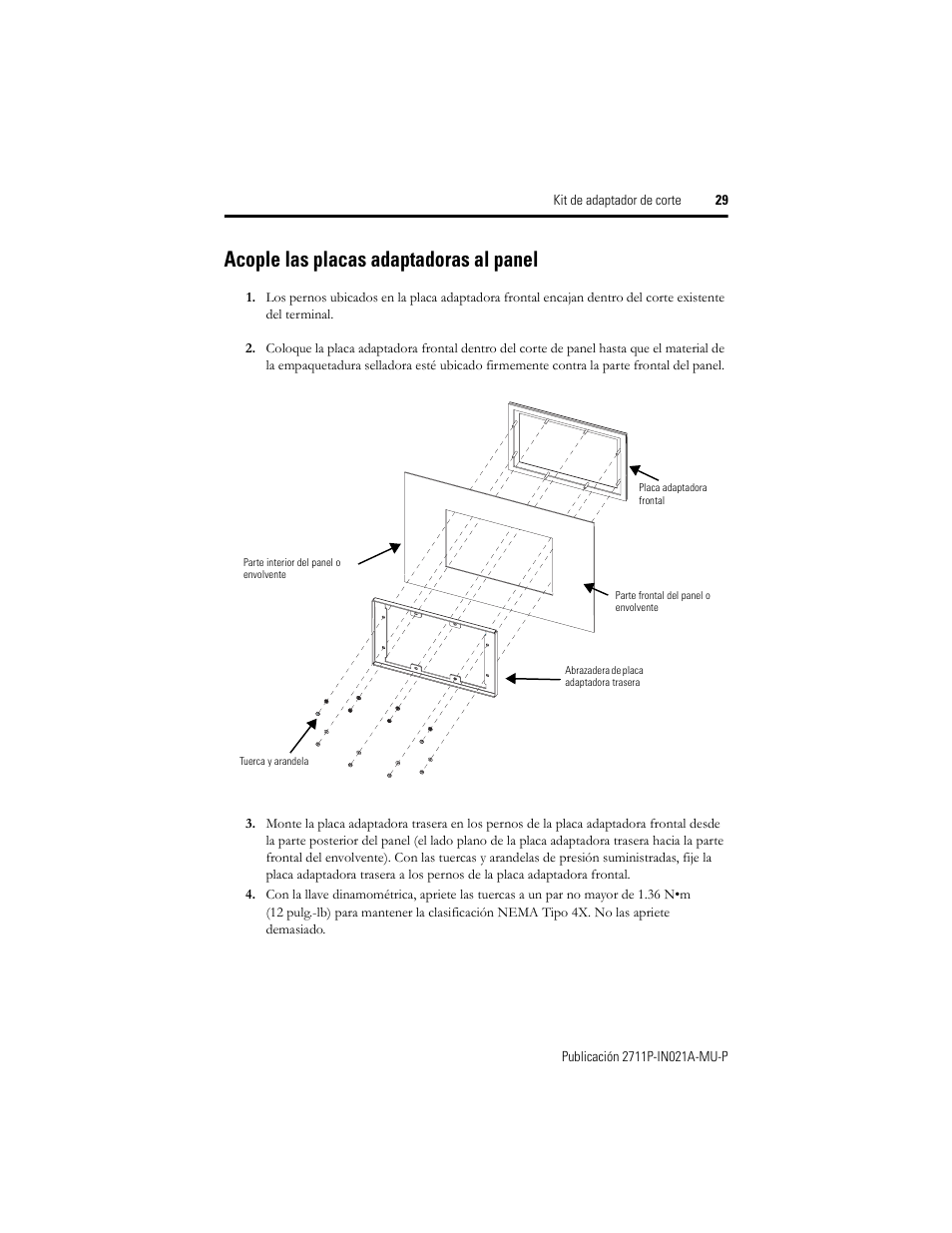 Acople las placas adaptadoras al panel | Rockwell Automation 2711P-RAK6 Cutout Adapter Kit for PVPlus 600 Keypad or Keypad Touch Terminals User Manual | Page 29 / 40