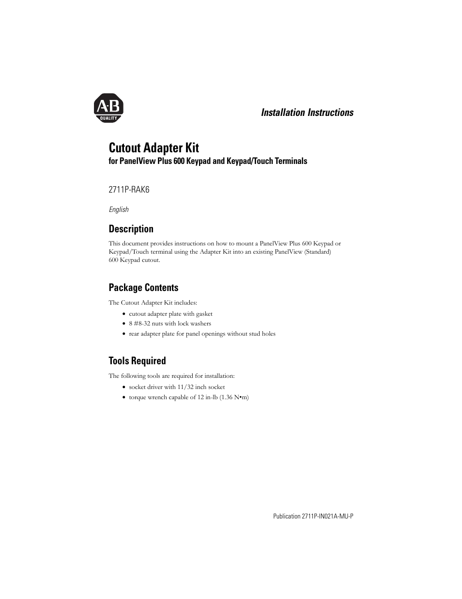 English, Description, Package contents | Tools required, Cutout adapter kit | Rockwell Automation 2711P-RAK6 Cutout Adapter Kit for PVPlus 600 Keypad or Keypad Touch Terminals User Manual | Page 3 / 40