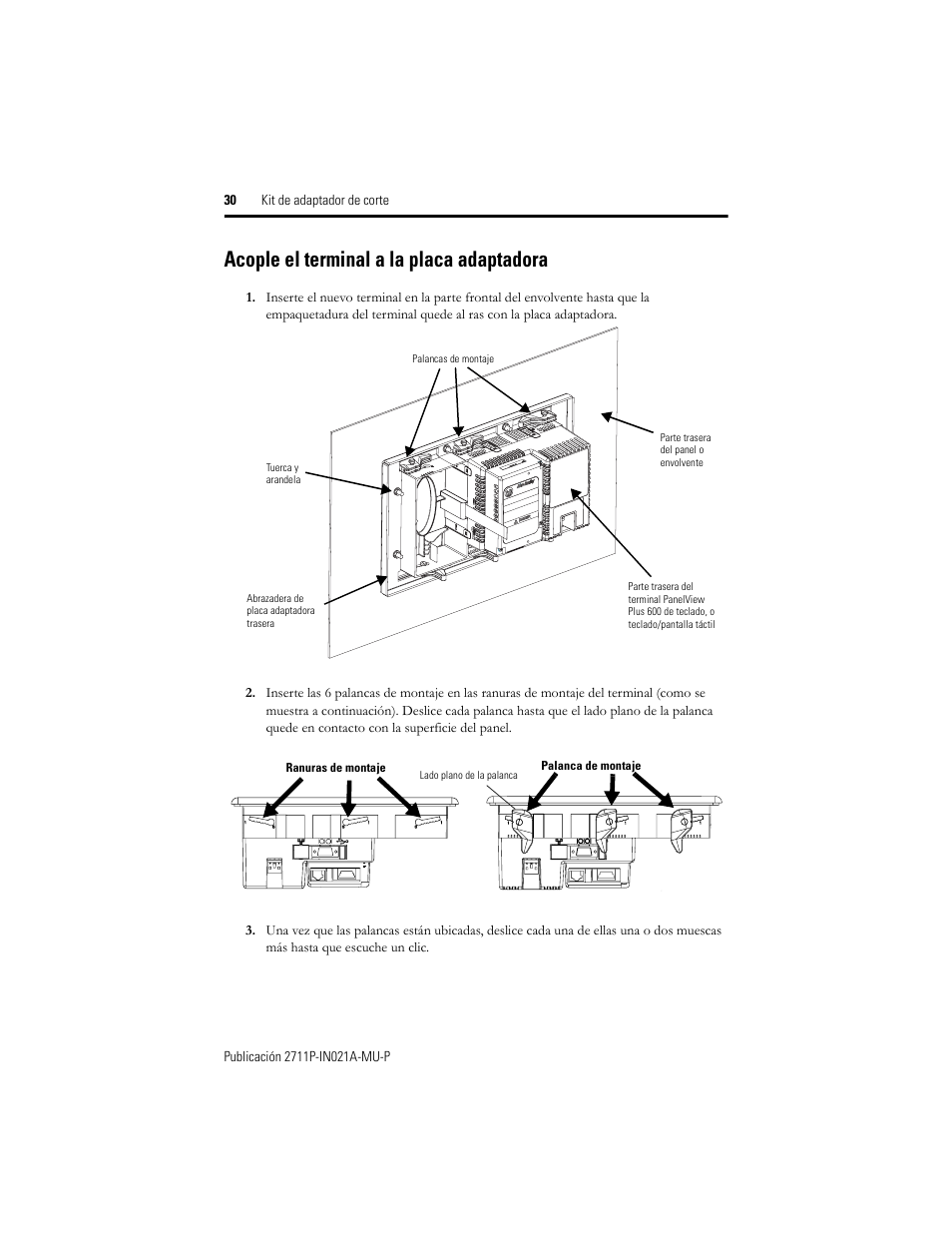 Acople el terminal a la placa adaptadora | Rockwell Automation 2711P-RAK6 Cutout Adapter Kit for PVPlus 600 Keypad or Keypad Touch Terminals User Manual | Page 30 / 40