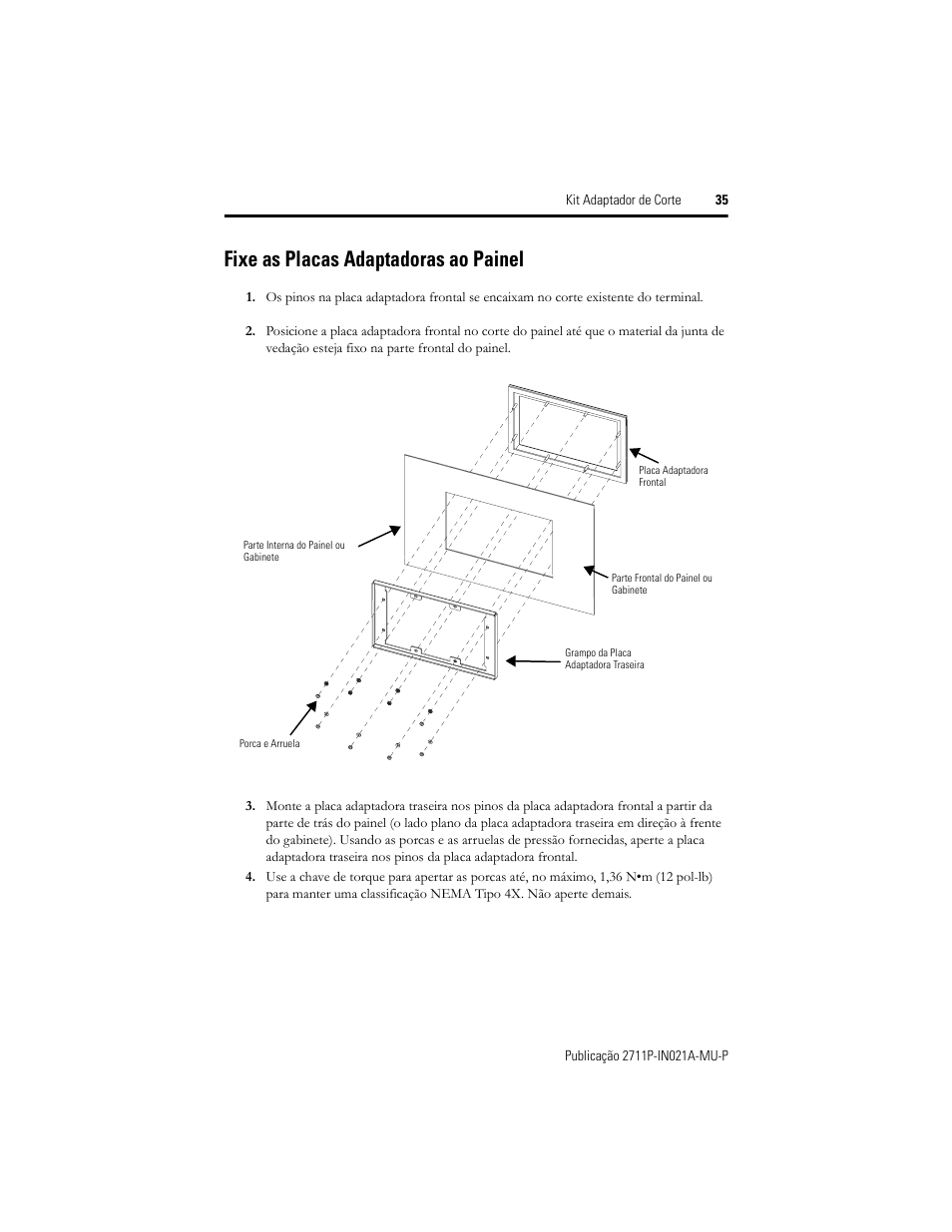 Fixe as placas adaptadoras ao painel | Rockwell Automation 2711P-RAK6 Cutout Adapter Kit for PVPlus 600 Keypad or Keypad Touch Terminals User Manual | Page 35 / 40