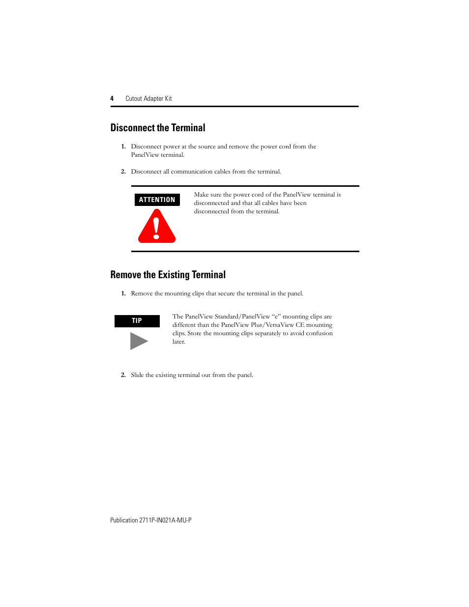 Disconnect the terminal, Remove the existing terminal | Rockwell Automation 2711P-RAK6 Cutout Adapter Kit for PVPlus 600 Keypad or Keypad Touch Terminals User Manual | Page 4 / 40
