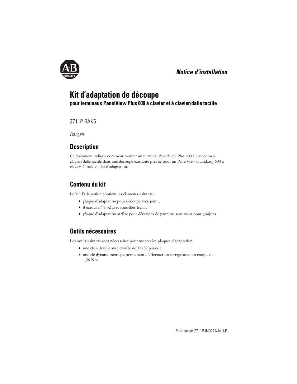 Français, Description, Contenu du kit | Outils nécessaires, Kit d’adaptation de découpe, Notice d'installation | Rockwell Automation 2711P-RAK6 Cutout Adapter Kit for PVPlus 600 Keypad or Keypad Touch Terminals User Manual | Page 9 / 40