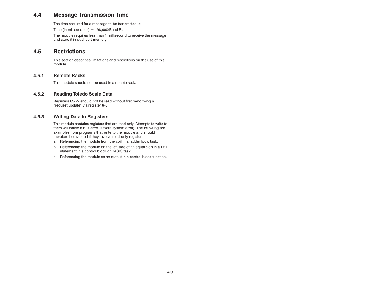 4 message transmission time, 5 restrictions | Rockwell Automation 57C428 Toledo Scale Interface Module User Manual | Page 25 / 42