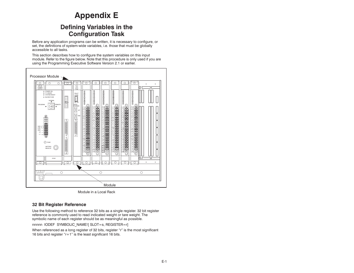 E defining variables in the configuration task, Appendix e, Defining variables in the configuration task | 32 bit register reference, Processor module, Module, Module in a local rack | Rockwell Automation 57C428 Toledo Scale Interface Module User Manual | Page 39 / 42