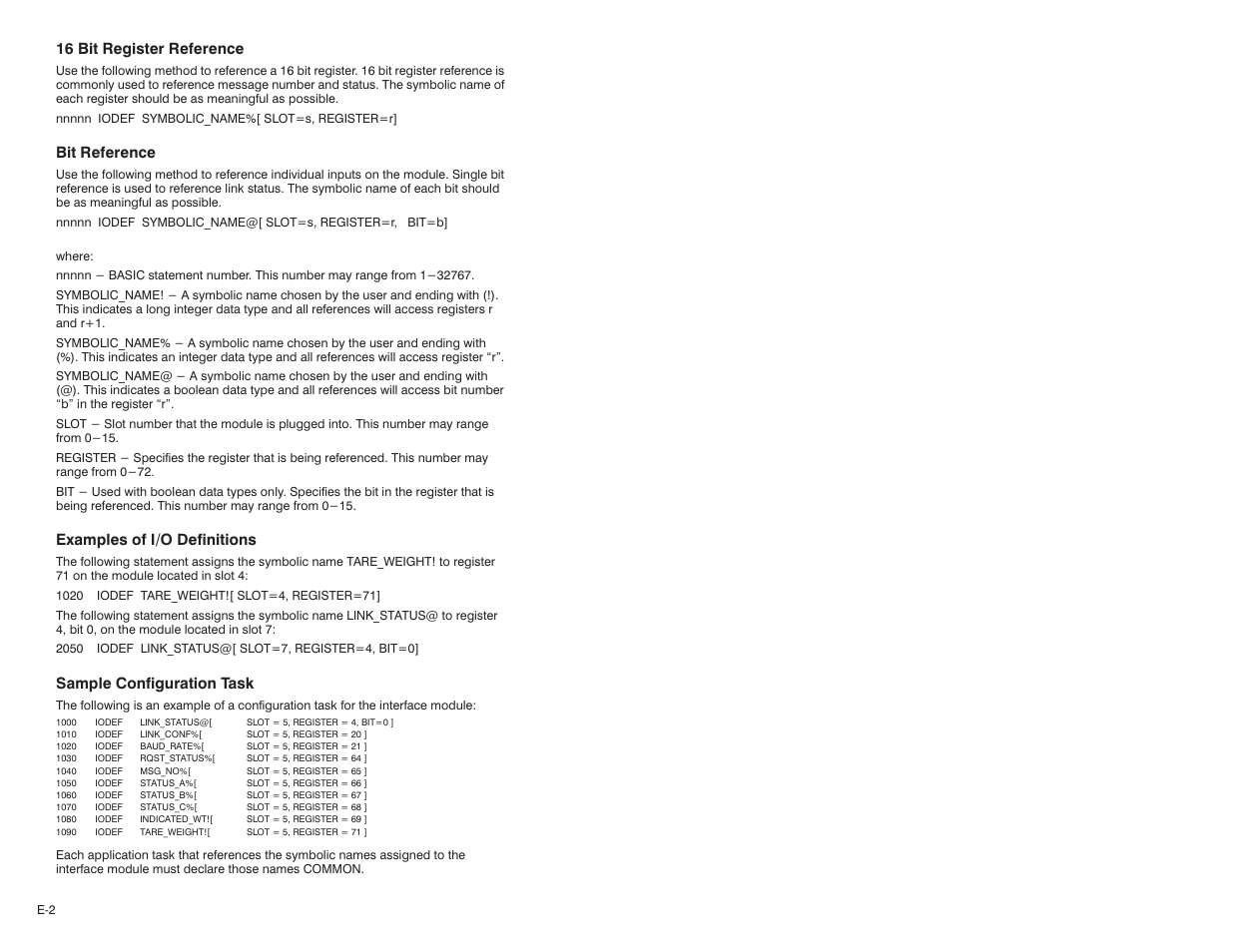 16 bit register reference, Bit reference, Examples of i/o definitions | Sample configuration task | Rockwell Automation 57C428 Toledo Scale Interface Module User Manual | Page 40 / 42