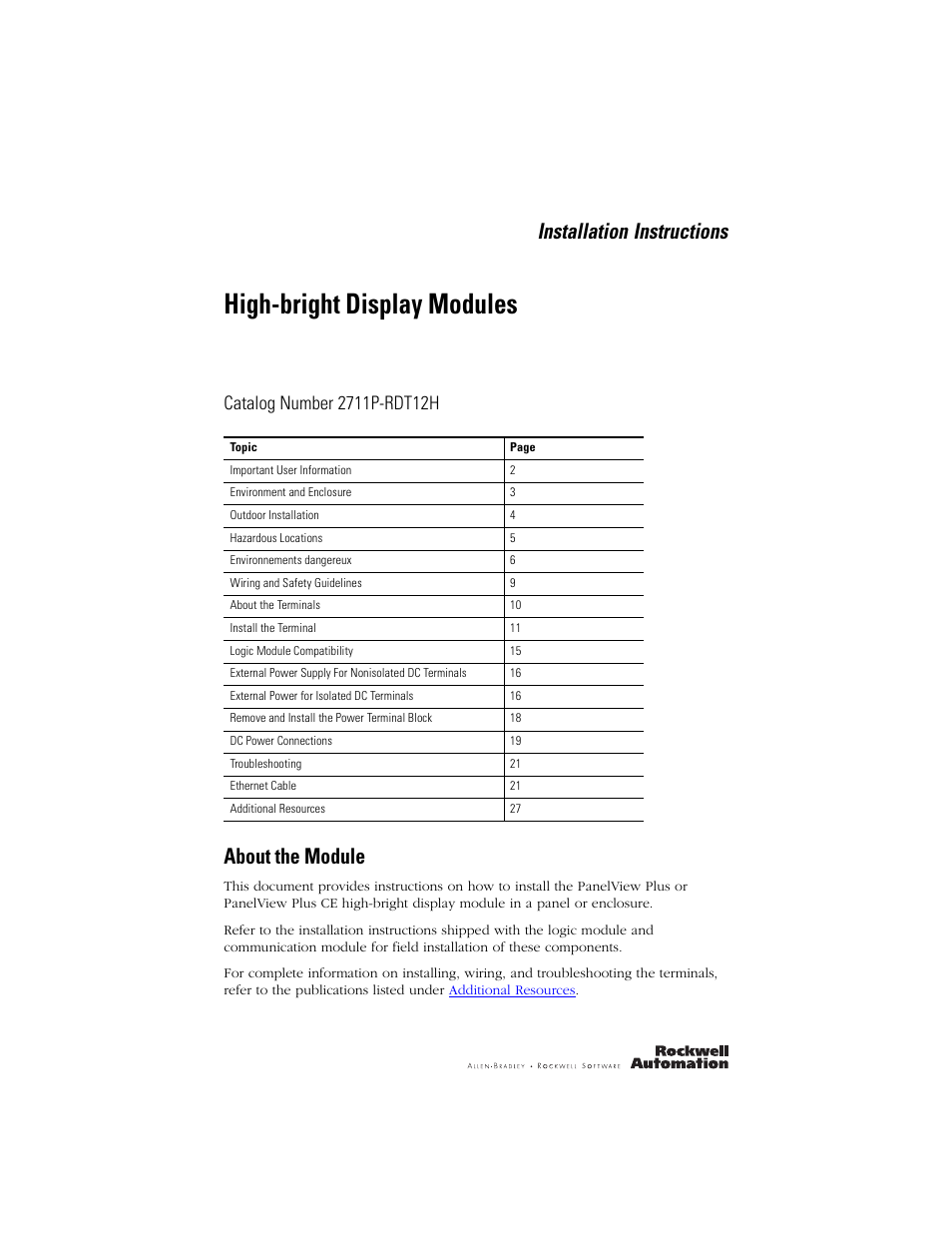 Rockwell Automation 2711P-RDT12H High-bright Display Module User Manual | 28 pages
