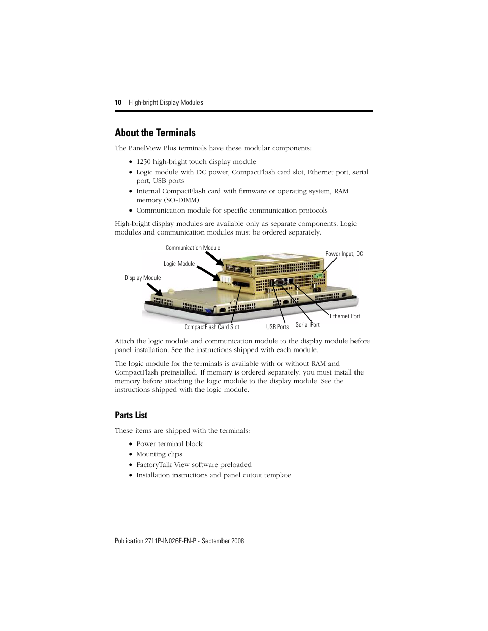 About the terminals, Parts list | Rockwell Automation 2711P-RDT12H High-bright Display Module User Manual | Page 10 / 28