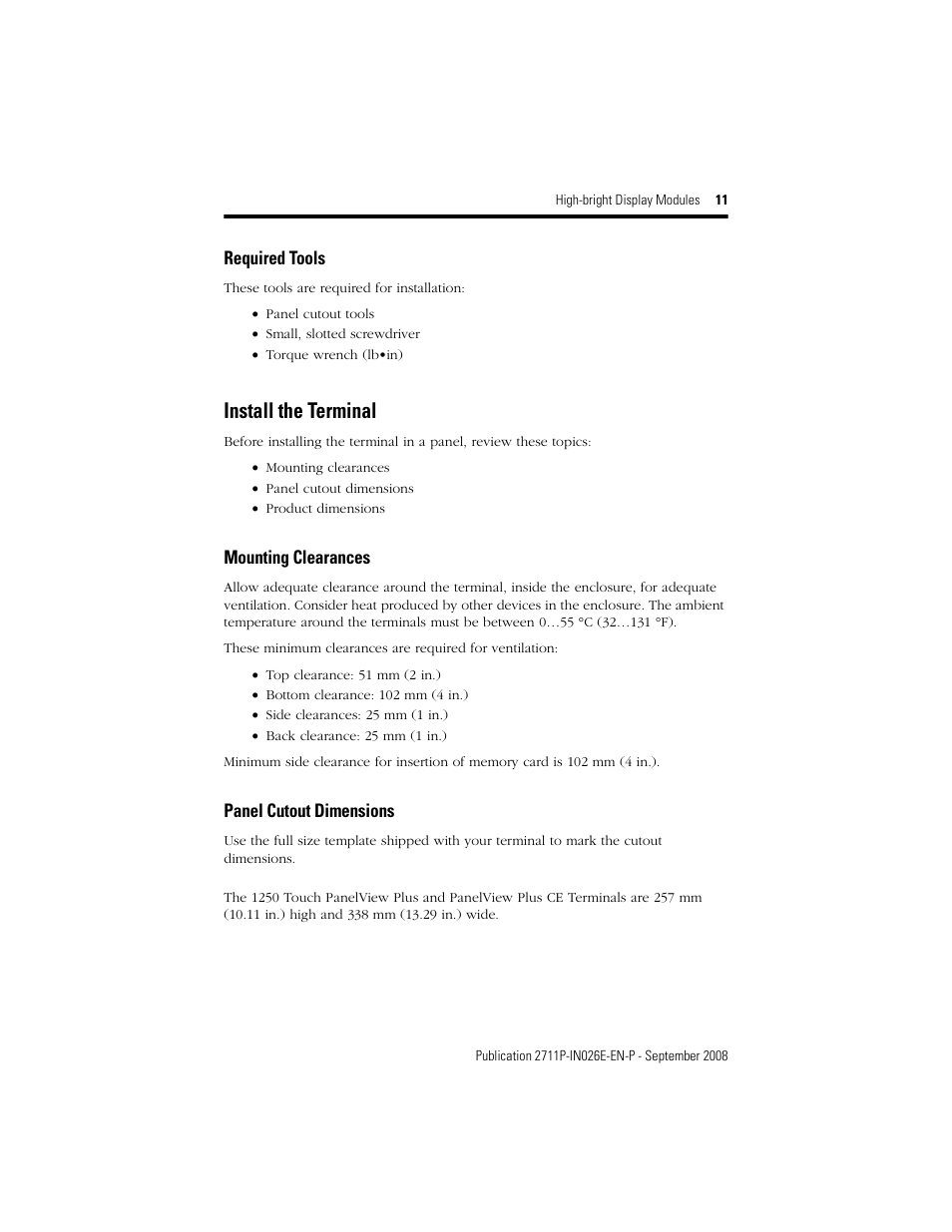 Install the terminal, Required tools, Mounting clearances | Panel cutout dimensions | Rockwell Automation 2711P-RDT12H High-bright Display Module User Manual | Page 11 / 28