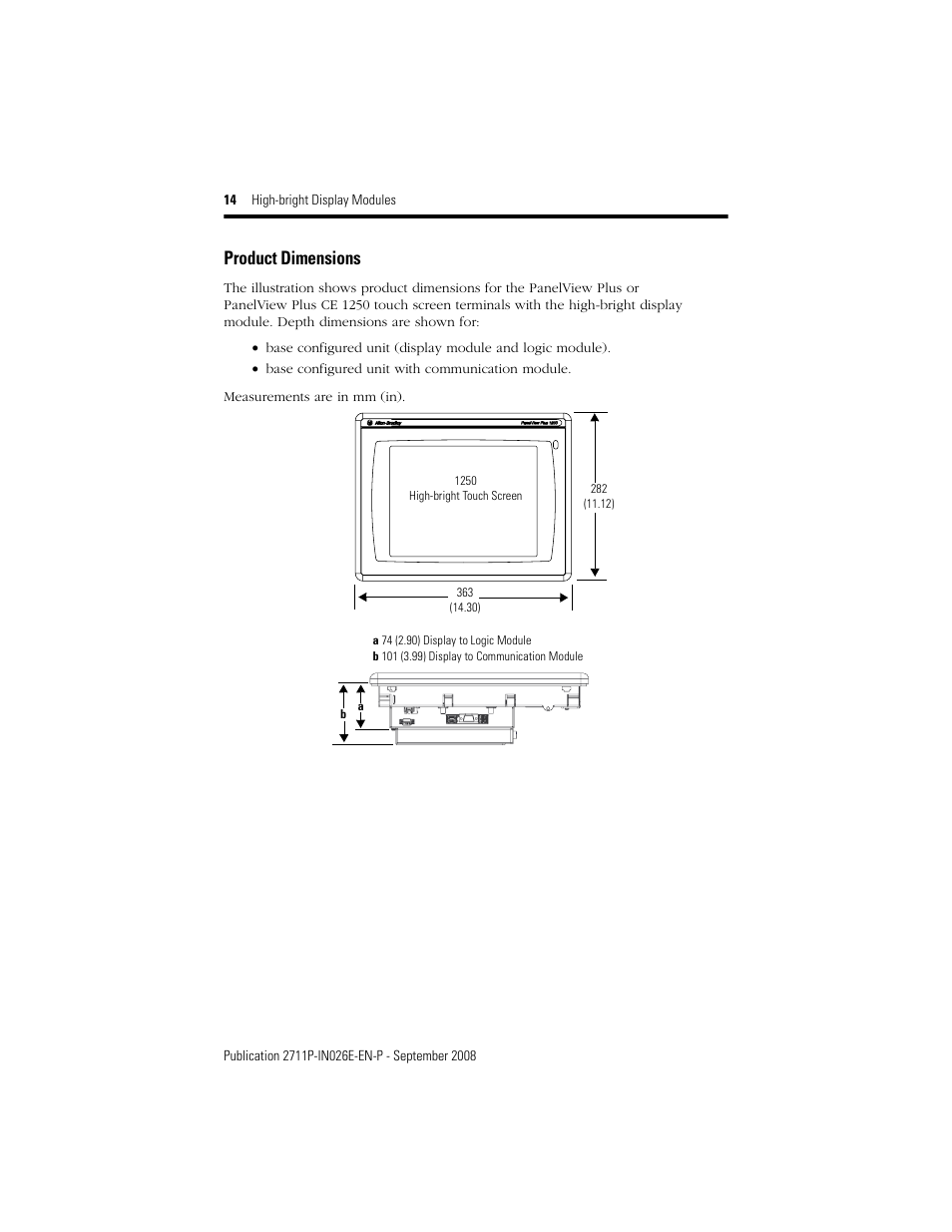 Product dimensions | Rockwell Automation 2711P-RDT12H High-bright Display Module User Manual | Page 14 / 28