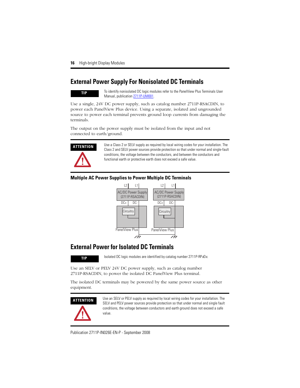 External power supply for nonisolated dc terminals, External power for isolated dc terminals | Rockwell Automation 2711P-RDT12H High-bright Display Module User Manual | Page 16 / 28