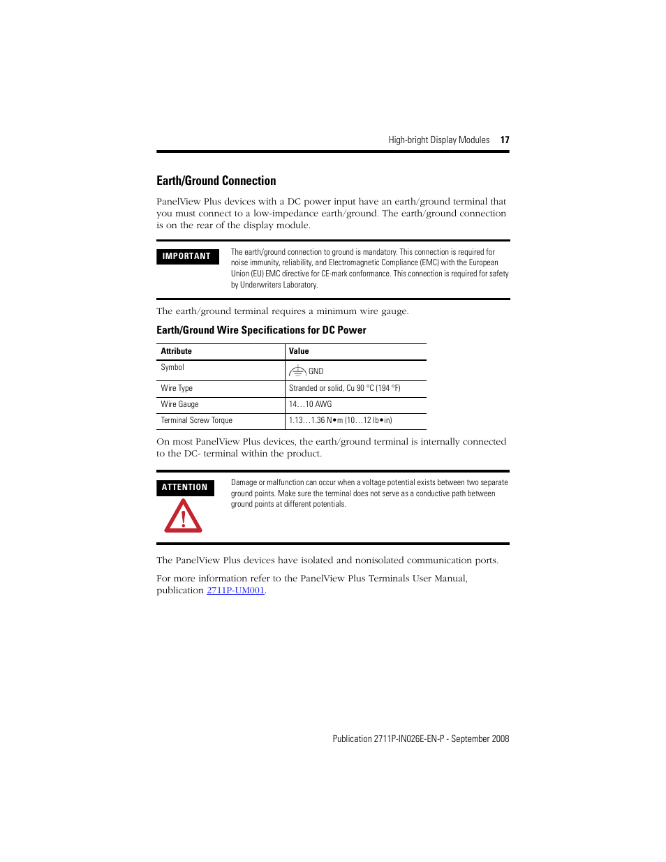 Earth/ground connection | Rockwell Automation 2711P-RDT12H High-bright Display Module User Manual | Page 17 / 28