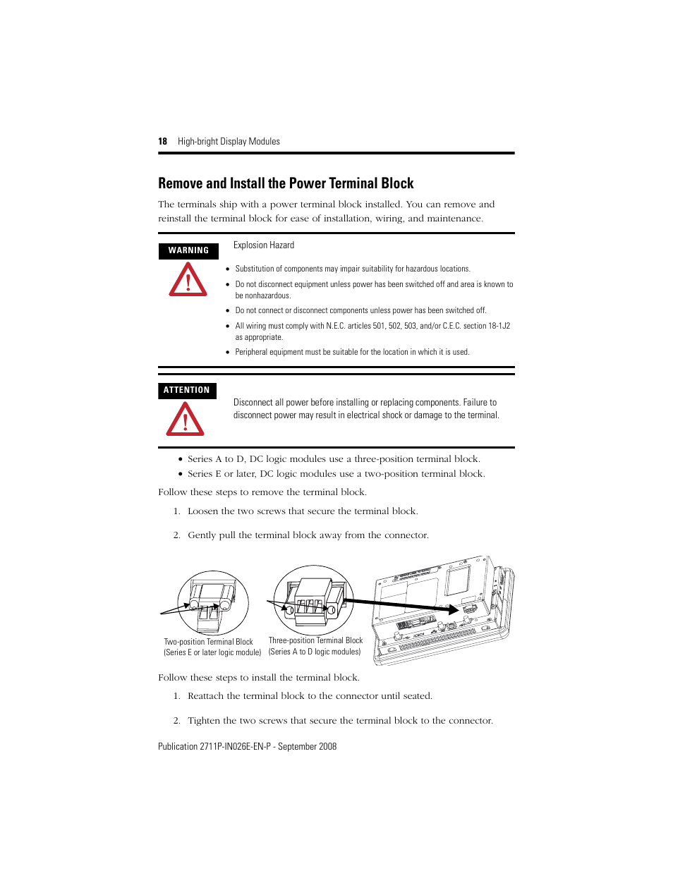 Remove and install the power terminal block | Rockwell Automation 2711P-RDT12H High-bright Display Module User Manual | Page 18 / 28