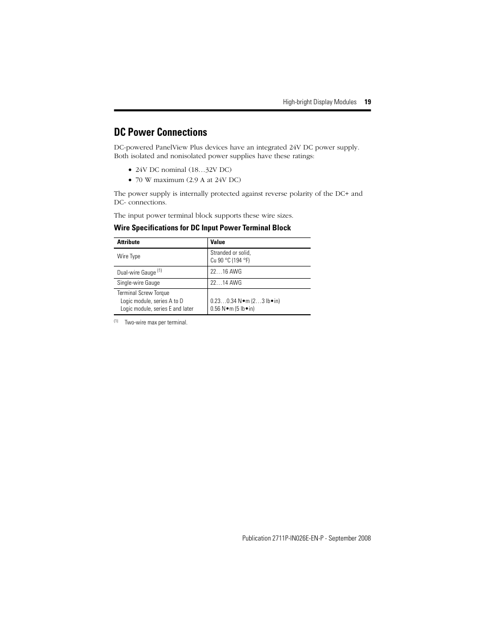 Dc power connections | Rockwell Automation 2711P-RDT12H High-bright Display Module User Manual | Page 19 / 28