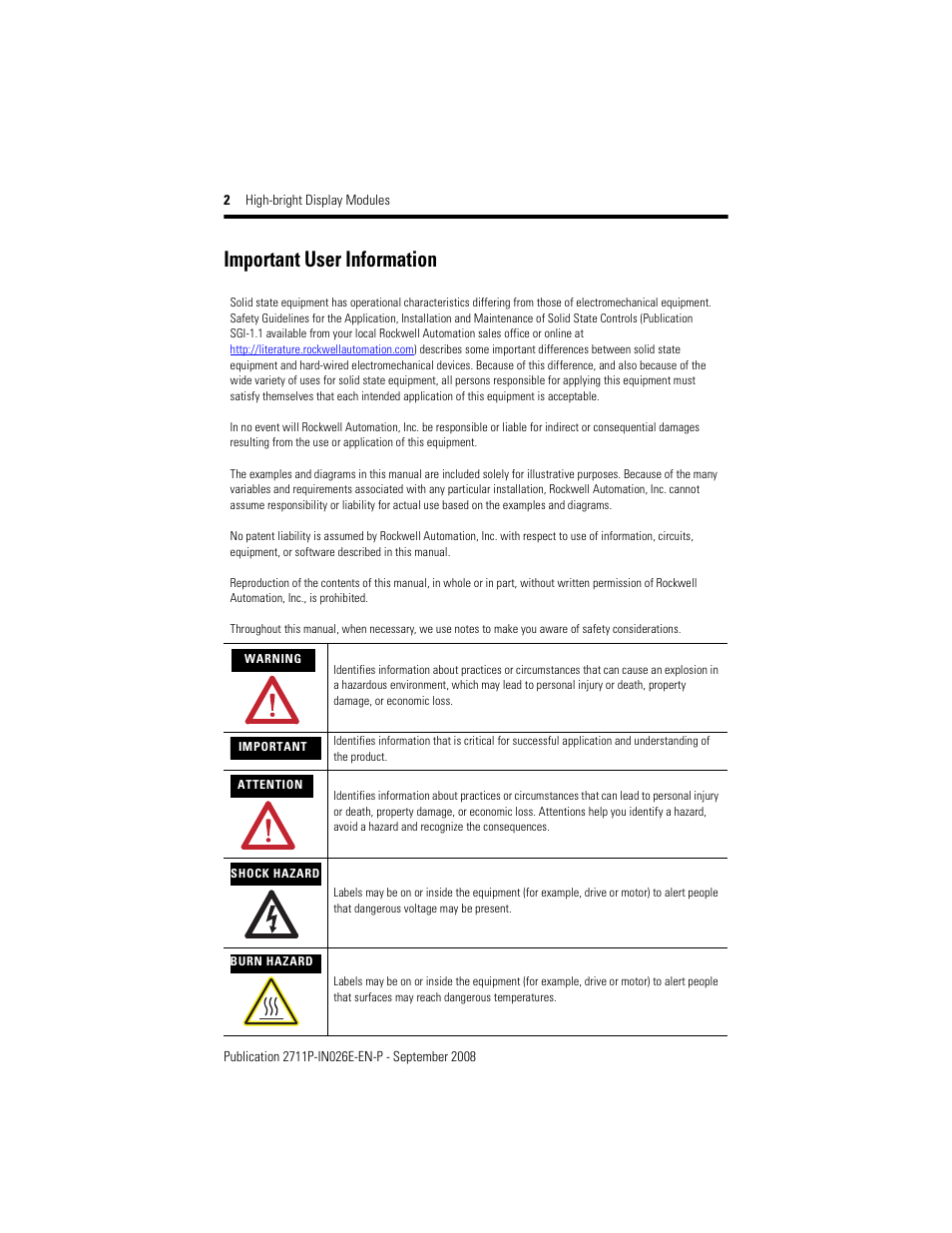 Important user information | Rockwell Automation 2711P-RDT12H High-bright Display Module User Manual | Page 2 / 28