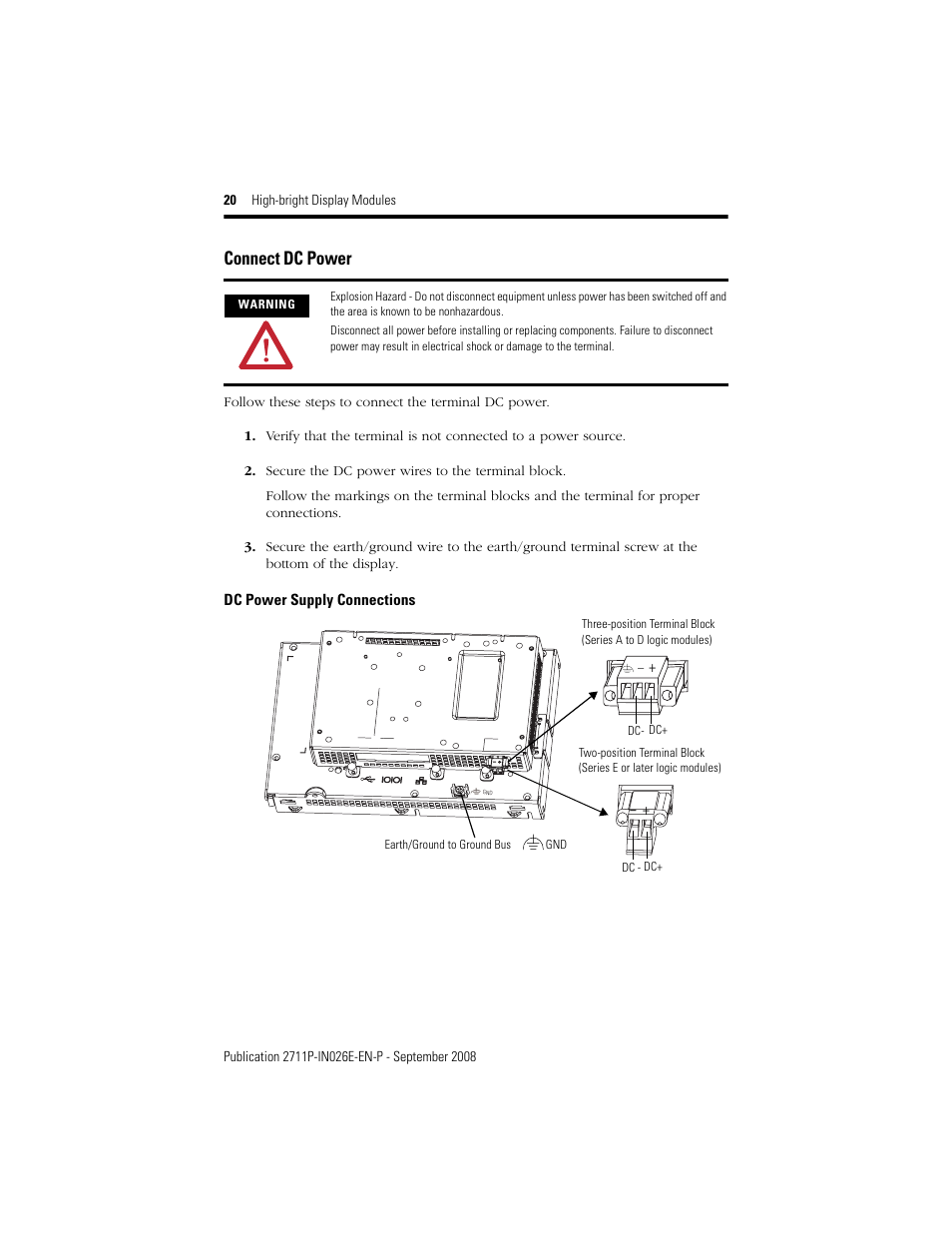 Connect dc power | Rockwell Automation 2711P-RDT12H High-bright Display Module User Manual | Page 20 / 28