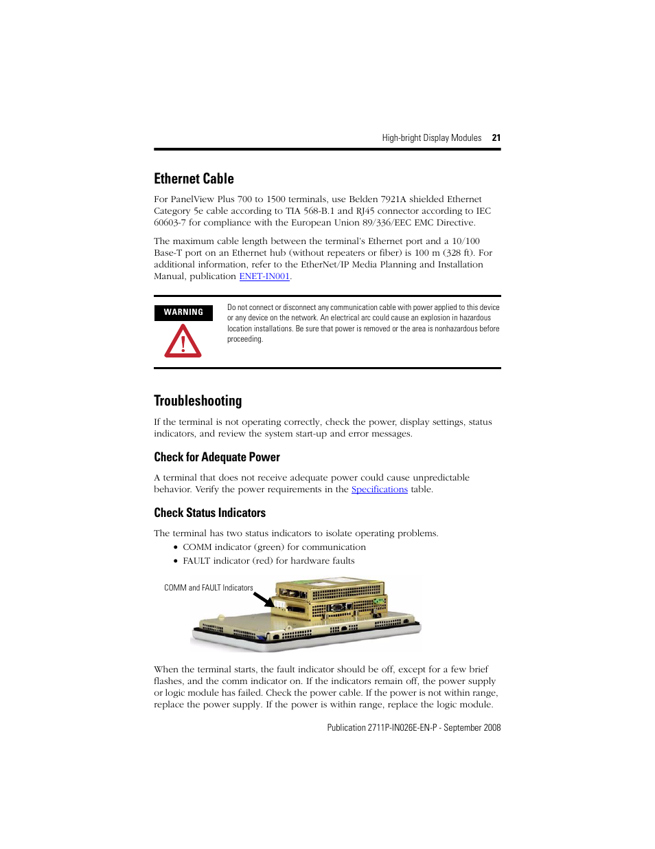 Ethernet cable, Troubleshooting | Rockwell Automation 2711P-RDT12H High-bright Display Module User Manual | Page 21 / 28